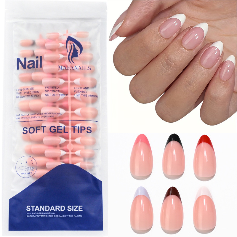 6-color French-style pre-made nails with almond nude base, black, white, and red French edges, water-drop shape, wearable nail pieces, semi-finished nails