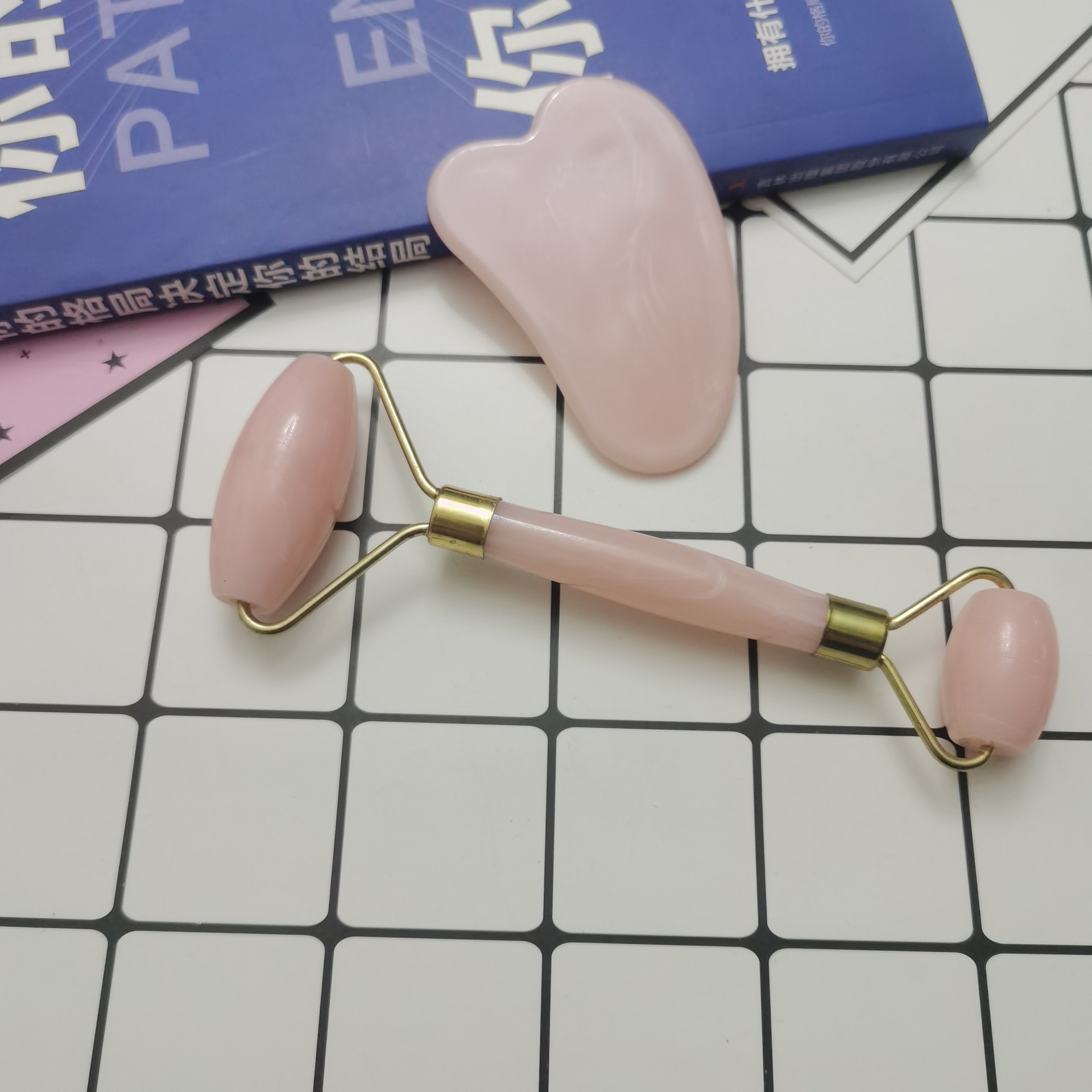 Resin roller multifunctional massage wheel jade massage instrument for face, jade double-headed roller massager with scraping board