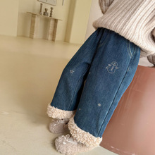 女童牛仔裤子深秋冬季2025新款儿童加绒卷边女宝宝加绒阔腿裤百搭