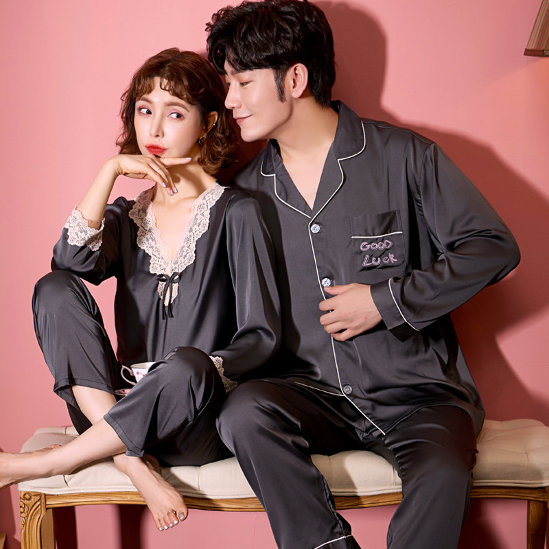 Couple pajamas spring and autumn Ice Silk men's and women's long sleeve thin sweet two-piece New Home wear can be worn outside