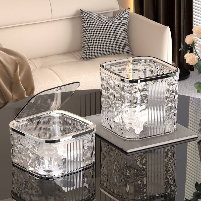 Light Luxury Water Corrugated Desktop Press-type Elastic Cover Trash Bin with Cover Glacier Pattern Desktop Trash Bin for Lazy Living Room