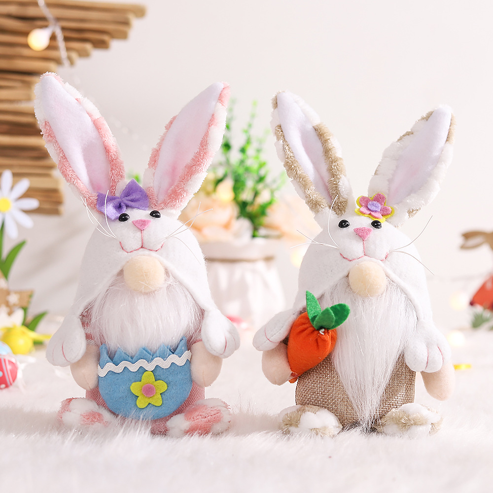 跨境新款复活节兔耳朵毛绒森林人公仔可爱侏儒娃娃抱萝卜节日摆件