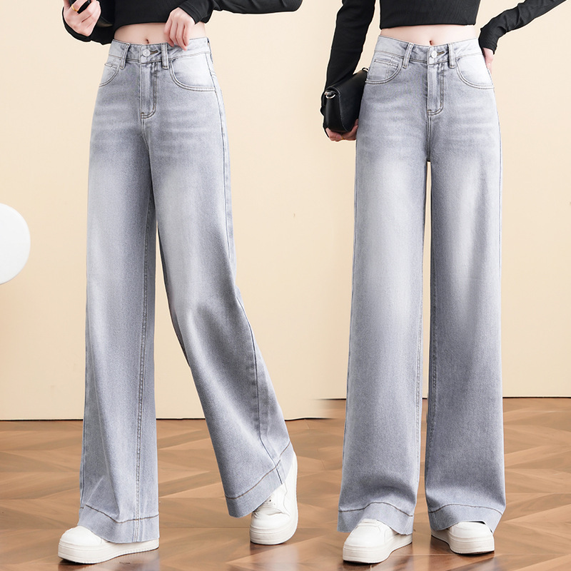 Authentic Brand Summer Women's Denim Wide-Leg Pants Korean Style High-Waisted Fashion Casual Versatile Straight-Leg Trendy Slimming Pants