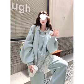 特大码300斤休闲连帽卫衣蕾丝套装女春秋胖高腰显瘦长裤三件套2