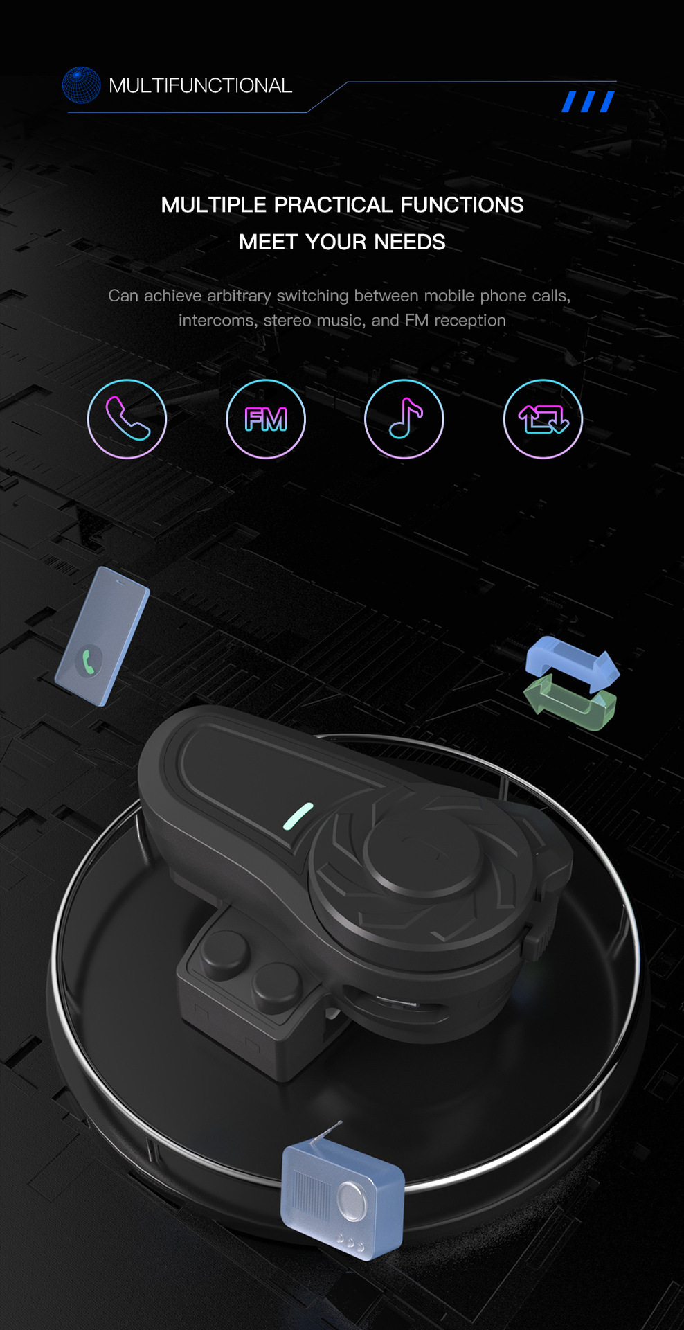 Riding Helmet Bluetooth Intercom Headset Double 800 m Intercom Qualcomm Scheme with Music Distribution and Third Party