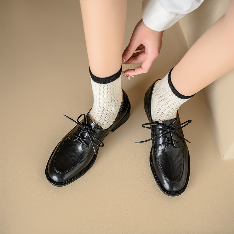 Britischer Retro Schnürschuh Aus Leder Mit Niedrigem Blockabsatz_voghion.com