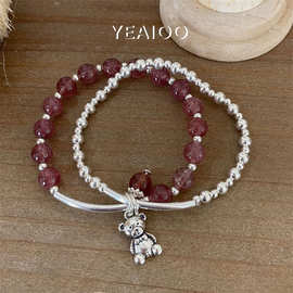 韩国东大门小众设计旺招桃花双层草莓粉水晶小熊手链弹力绳手串