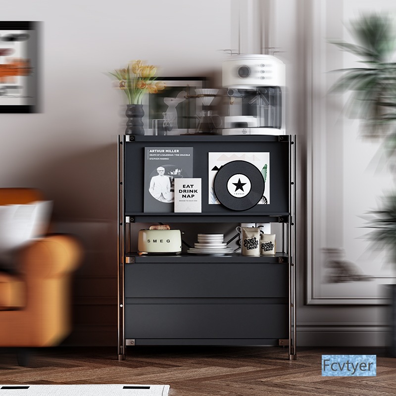 Black Simple Stainless Steel Bauhaus Bookshelf Shelf Floor-Standing Internet Celebrity Storage Rack Kitchen Multi-Layer Storage Rack Living Room