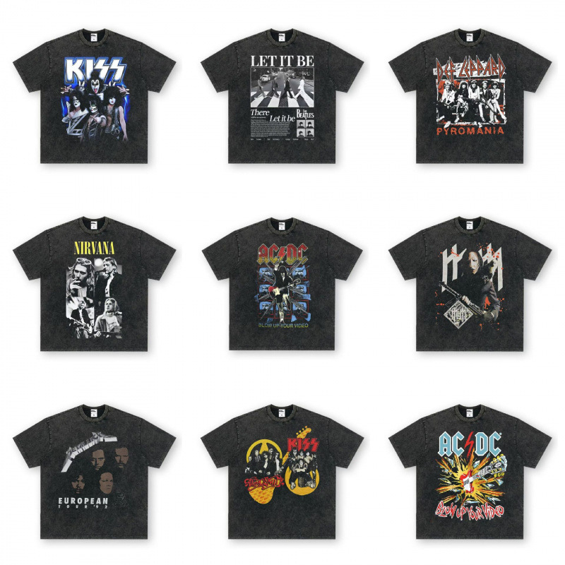 Cross-border European size high street American retro band short-sleeve washed distressed heavy-duty T-shirt with loose fit and small neckline Cross-border European size high street American retro band short-sleeve washed distressed heavy-duty T-shirt with loose fit and small neckline