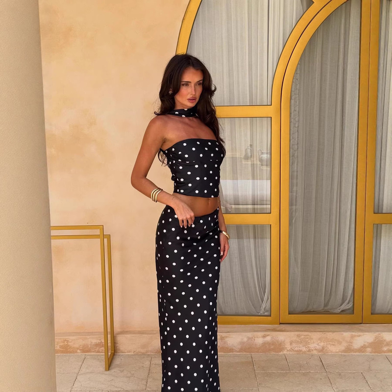 2026 Summer New European and American Style Elegant Polka Dot Print Crop Top and Skirt Two-Piece Set