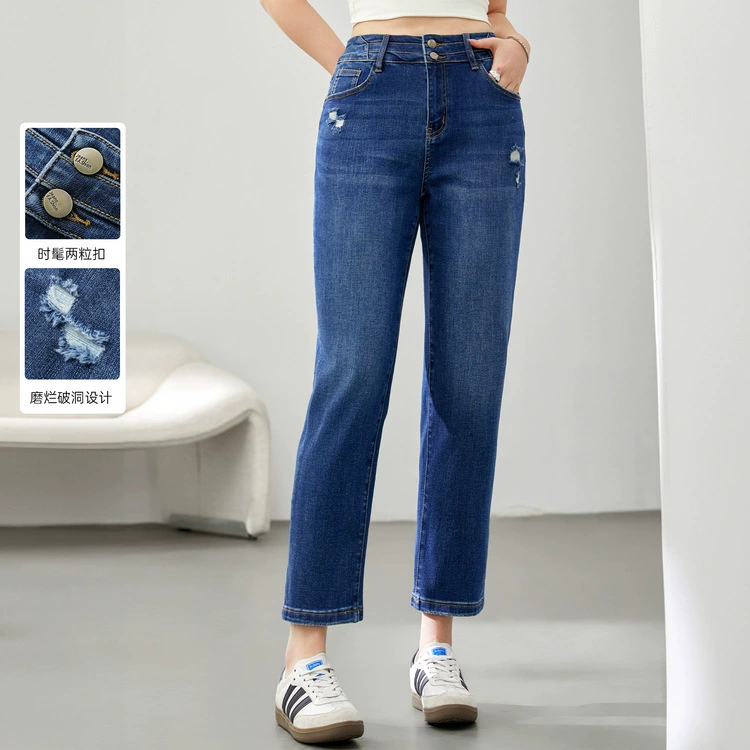 [Дизайн дыры темперамента дикие тонкие джинсы] Funny Show большой размер женский толстый mm2025 весенний новый