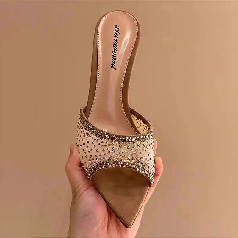 Летние босоножки 2025 года, красивые туфли на шпильке, туфли-лодочки с сеткой и стразами, туфли на высоком каблуке с острым носком, модная верхняя одежда