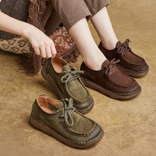 2025秋季新款英伦风复古真皮手工系带低跟软底平跟单鞋厚底鞋女