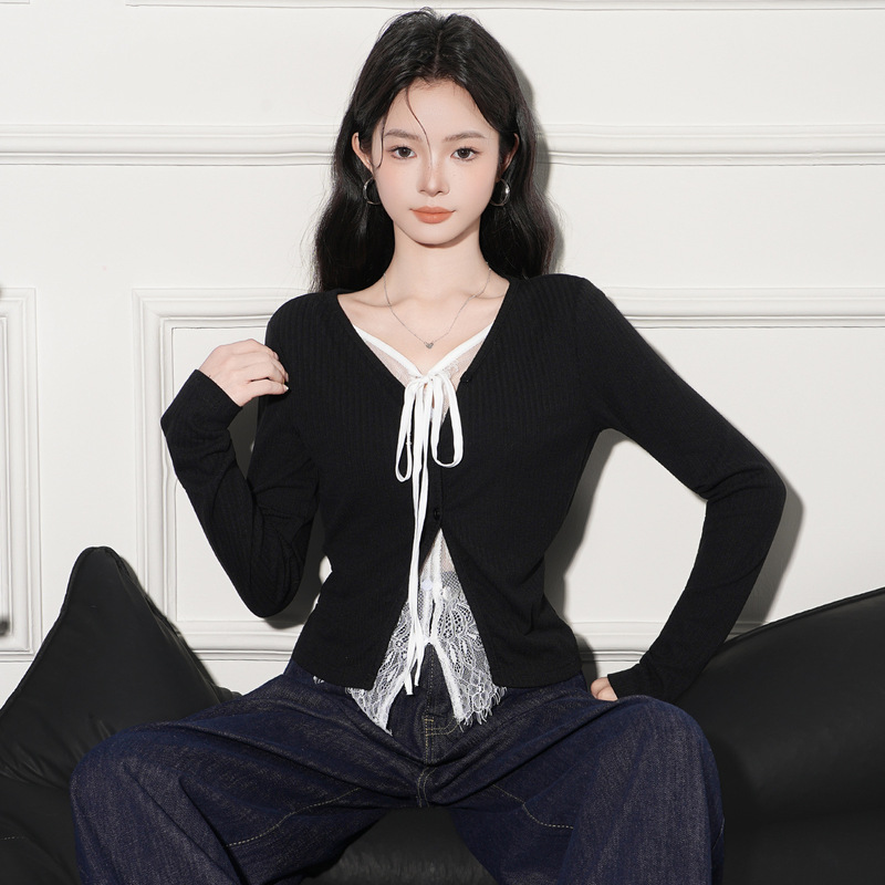 Jiyou Black Lace Fake Two-Piece Long-Sleeved T-Shirt for Women in Autum with Bow Niche Design Pure Lust Top