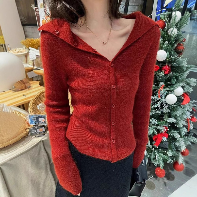 100% Pure Wool Sweater for Women, Designer Navy Collar Knitted Sweater Jacket, Slim Fit and Elegant Cashmere Bottoming Shirt