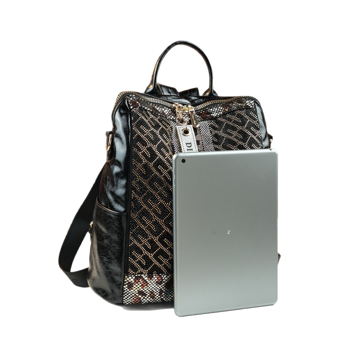 Women's Rhinestone Square Backpack Casual Versatile Shoulder Crossbody Tote Bag Multi-Compartment PU Leather Zipper Closure Medium Size_voghion.com