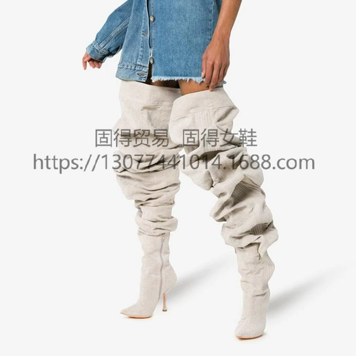 Трансграничная независимая станция ins Fashion Show Тонкие сапоги на высоком каблуке, большие плиссированные сапоги до колен, женская обувь, внешняя торговля