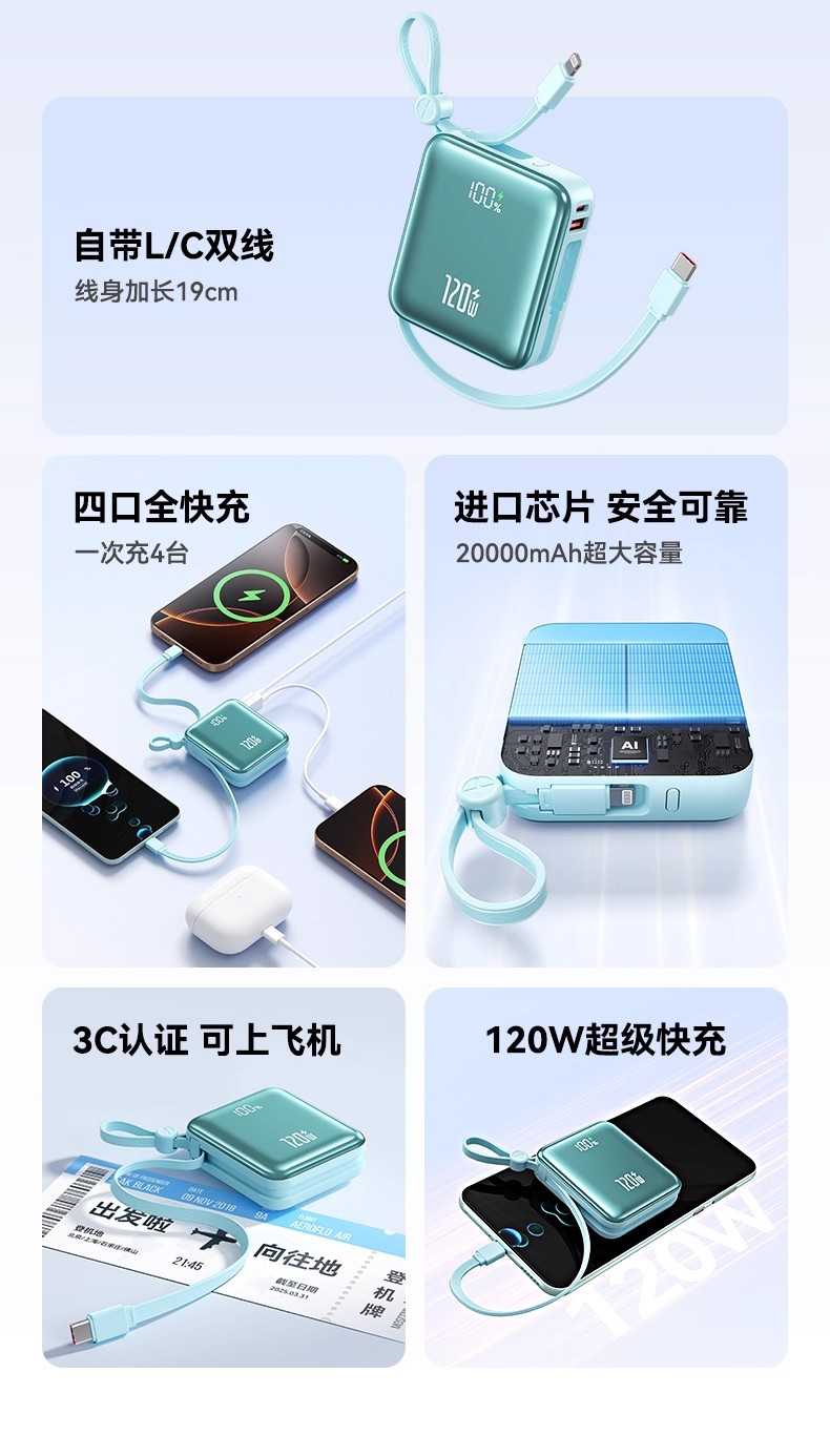 Cross-Border 120W Super Fast Charging Power Bank Compact Portable 20000mAh Built-in Cable Mobile Power Bank with Lanyard Gift