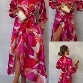 2024欧美秋季新款长袖连衣裙 亚马逊印花V领系带开叉长袖连衣裙女