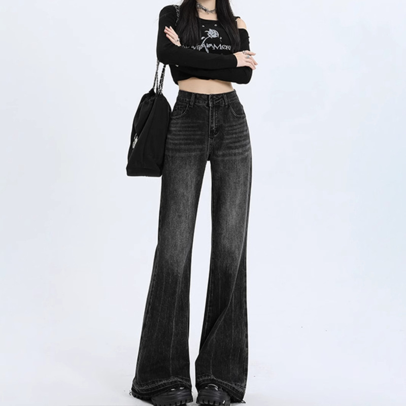 Black Loose Wide-Leg Slightly Flared Jeans for Women, New Autumn and Winter Style, High-Waisted, Slimming, Drapey, Frayed Straight-Leg Pants Black Loose Wide-Leg Slightly Flared Jeans for Women, New Autumn and Winter Style, High-Waisted, Slimming, Drapey, Frayed Straight-Leg Pants
