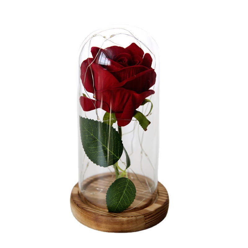 Flor eterna cubierta de vidrio simulación Rosa cubierta de vidrio soporte de regalo generación personalizada LED color quema Luz DE LA Secuencia