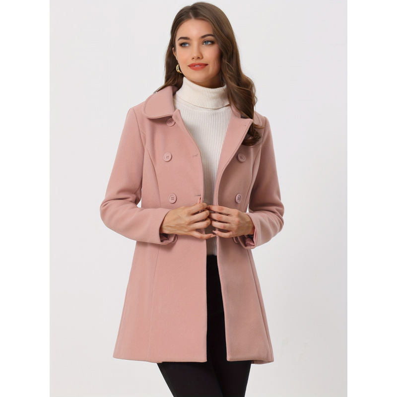 2026跨境新款欧美女式中长款双排扣大衣翻领豌豆大衣