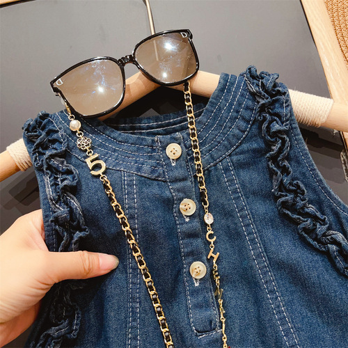 Girls' fungus-edged solid color three-button style classic denim vest dress 2023 new summer dress L576