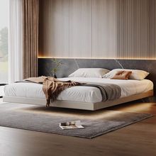 无床头床意式轻奢现代简约齐边实木床悬浮床榉木排骨架床极简卧室