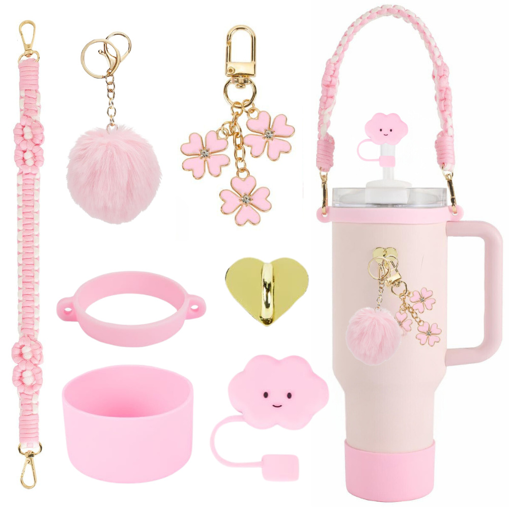 Amazon taza de calor cuentas brazalete llavero botella de agua colgante margarita gorra de paja flor colgante taza cubierta
