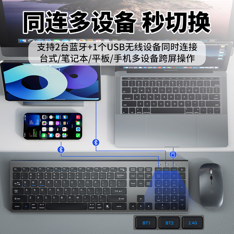 Wireless Keyboard and Mouse Set, Type-C Charging, Dual-Mode, Three-System Compatible, Suitable for Desktop, Laptop, and Tablet Keyboards