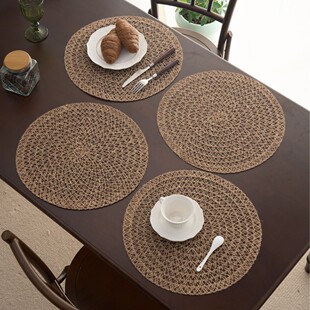 American Retro Linen Placemat Woven Mesh Small Hollow Hemp Rope Decoration Versatile Coffee Color Insulated Tableware Mat Round