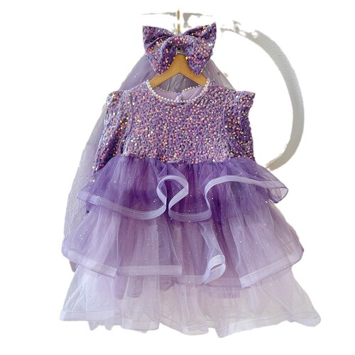 Children's clothing, non-fleece spring and autumn items, sparkling princess dress for girls, net chiffon puff birthday cake gift