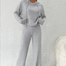 跨境春秋休闲针织纯色长款欧美外贸连帽卫衣宽松长袖长裤时尚套装