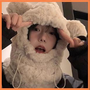 Autumn and Winter Cute Hat and Mask Combo for Women, Pullover Ear Protection Hat, Thick Plush Teddy Bear Korean Style, Warm for Cycling and Cold Protection