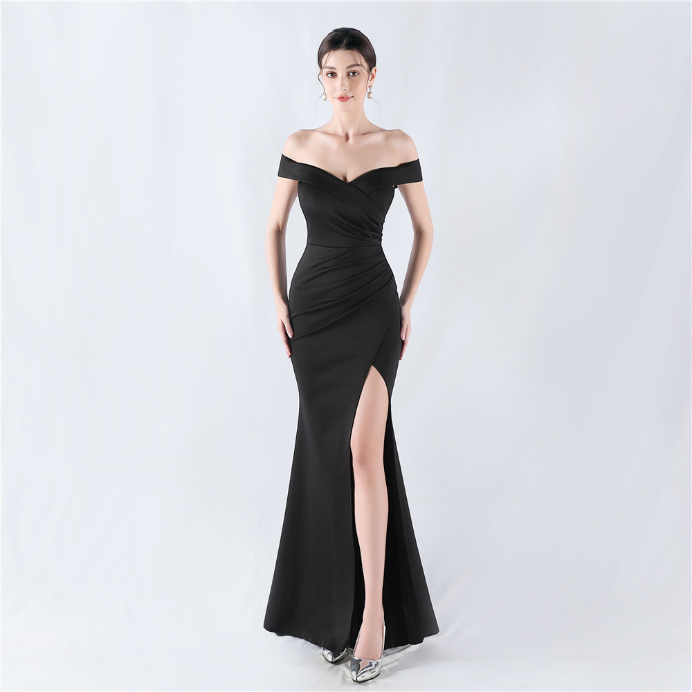 Classic off Shoulder High Fork Fishtail Satin Evening Dress