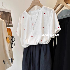 特大サイズ240斤韓系刺繍赤愛薄金雪綿半袖tシャツ女性夏ゆるい上着