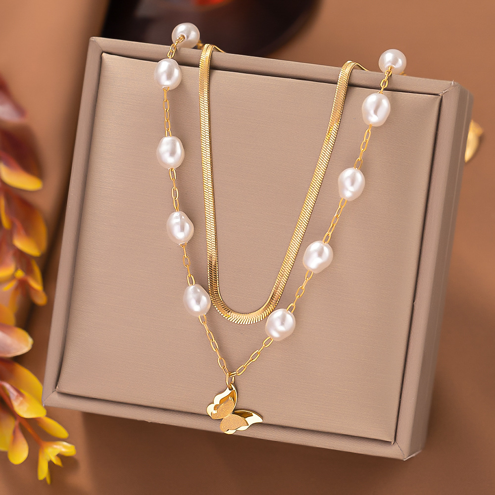 Künstliche Perle Titan Stahl 18 Karat Vergoldet Dame Perlen Überzug Schmetterling Geschichtete Halskette display picture 3