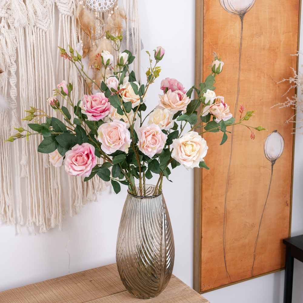 廠家批發 裝飾3頭角玫瑰仿真花批發婚慶家居假花跨境出口MW19950