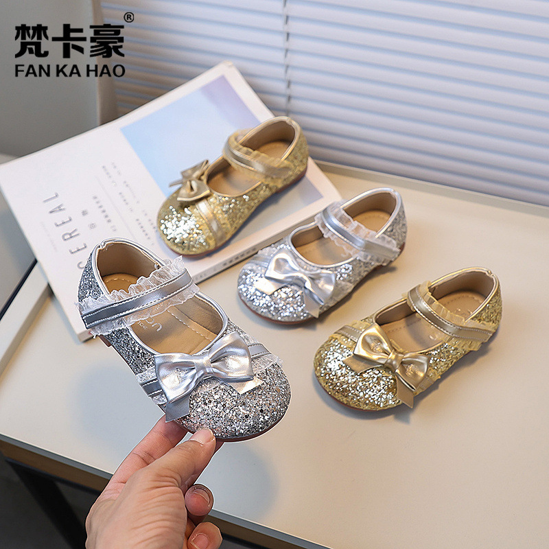 Van Cahao girls fashion sequined bow princess shoes 2025 spring and autumn new Korean children's shoes dance shoes