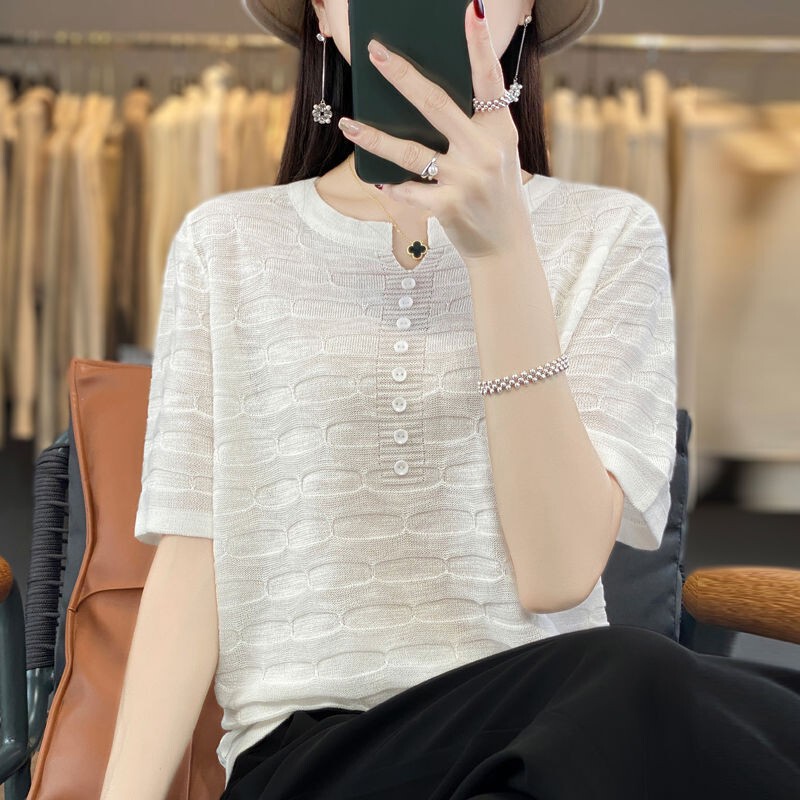 [Brand Selection] Women's Short-Sleeve Loose Large-Size Round-Neck Ice Silk Knit Top Thin T-Shirt for Summer