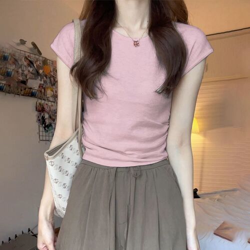 Women's Summer Design-Sensitive, Unconventional, Gentle Pink Short-Sleeve T-Shirt with a Fitted, Slimming, and Short Cut - 2025