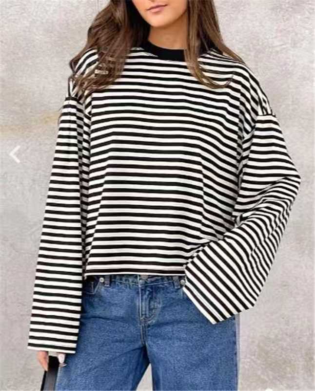 活力满满~撞色圆领慵懒圆领棉质长袖条纹T恤女新款2025春夏宽松|undefined