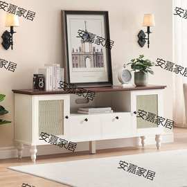 白色墙边客厅家具藤编境外储收纳亚马工厂电视矮门外贸电视柜客厅