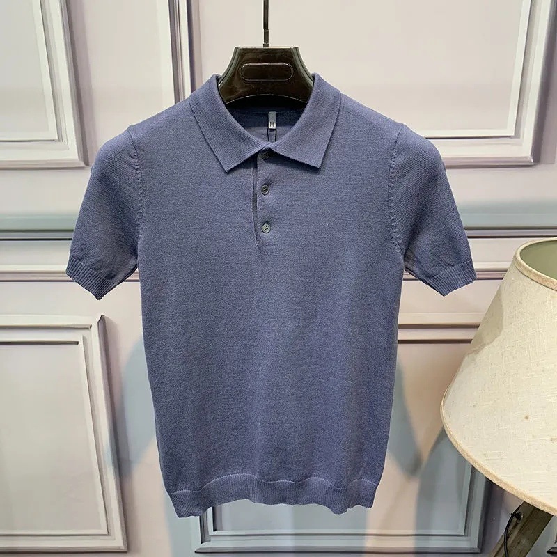 Camiseta de hombre de manga corta de punto de verano Camiseta de solapa de trabajo de color sólido delgado de estilo coreano Camiseta elástica delgada de moda al por mayor
