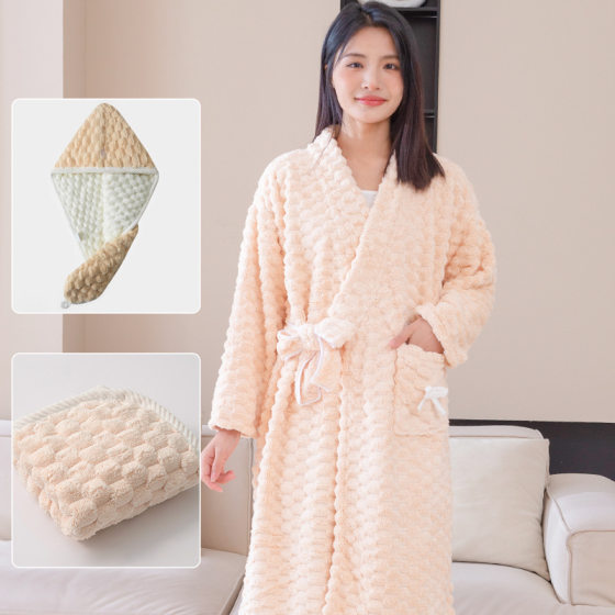 Autumn and Winter Yunduige Home Lazy Long Sleeve Bathrobe Women Wearing Bath Towel Coral Fleece Thickened Towel Dry Hair Cap