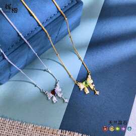心动蝴蝶结天然水晶石项链小众设计拉丝工艺s925纯银锁骨链送女友