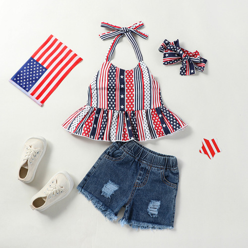 Amazon Kids' Striped Belted Top + Denim Frayed Shorts 4th of July Set