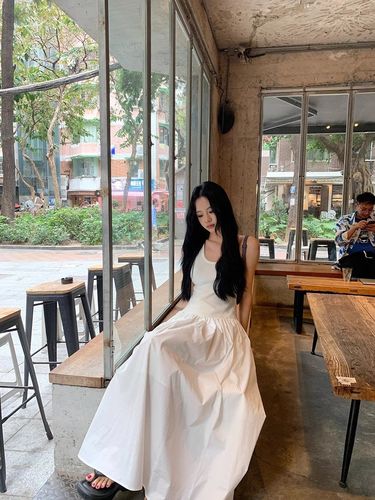 Navy Blue U-Neck A-Line Suspender Dress Women's Summer Slim-Fit Waist-Controlled Skirt Stylish Elegant Flared Long Dress