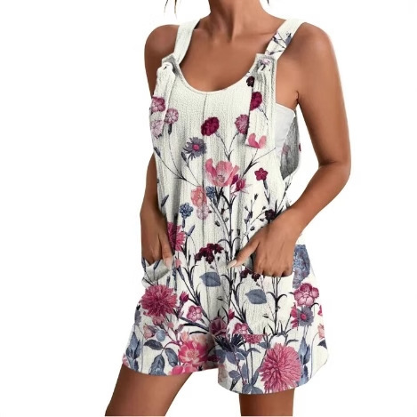 Summer 2025 European and American Independent Site TEMU Cross-border New Leisure Position Print V-neck Strap Pouch Bodysuit