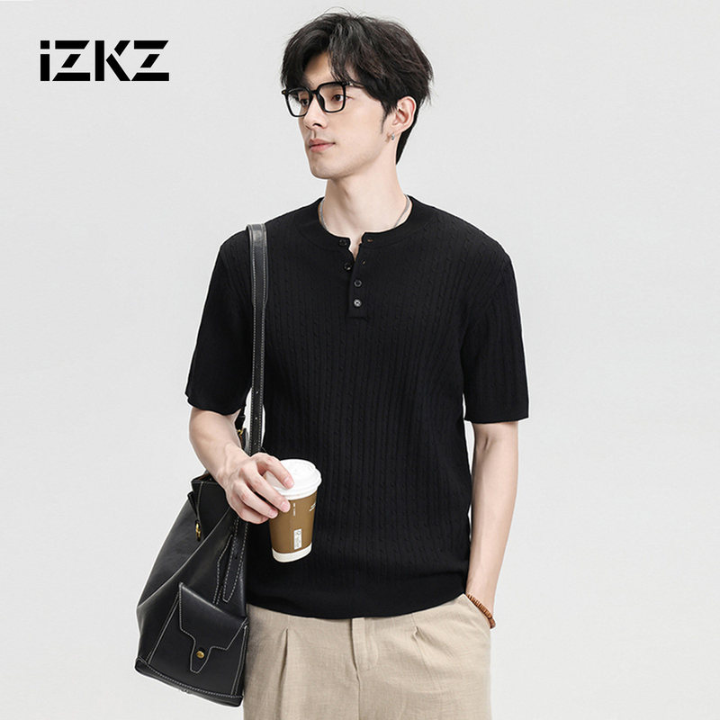 Izkz Henry Collar Vertical Striped Knit Short-Sleeve T-Shirt, Comfortable Casual Style, Versatile and Simple Men's 2026 Summer Top